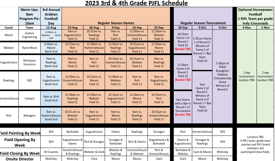 3rd and 4th Grade Tackle Schedule